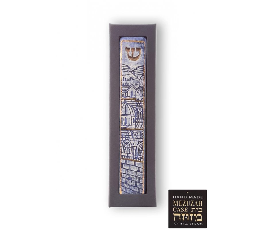 Handmade Ceramic Mezuzah Case, Jerusalem and Western Wall - Art in Clay
