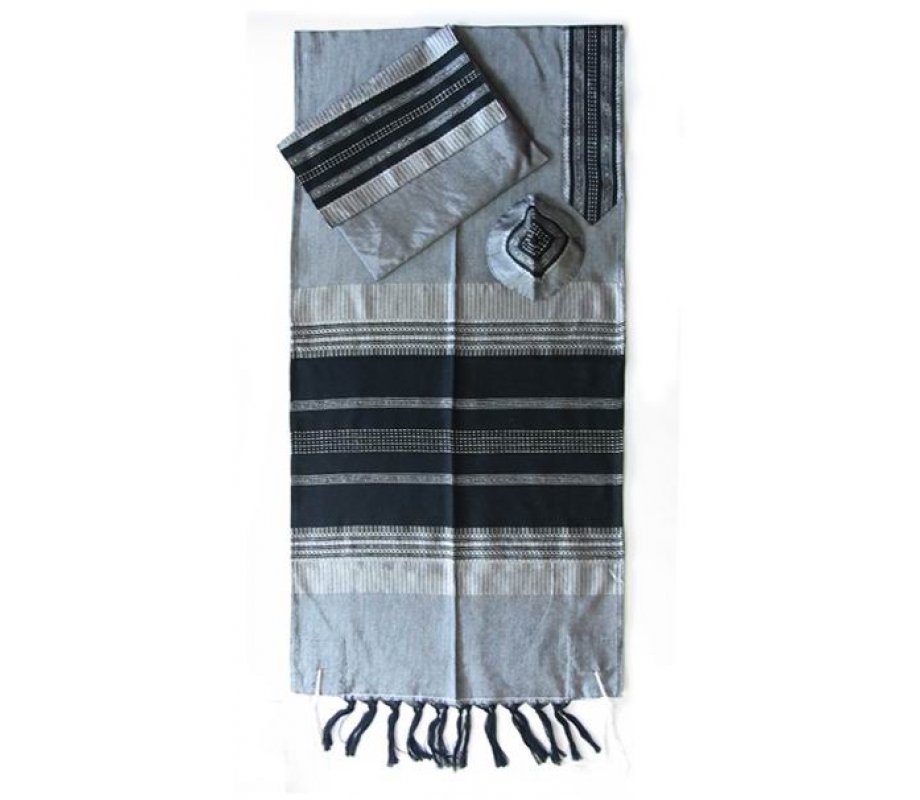 Handwoven Gray Silk Prayer Shawl Set with Black Stripes - Gabrieli