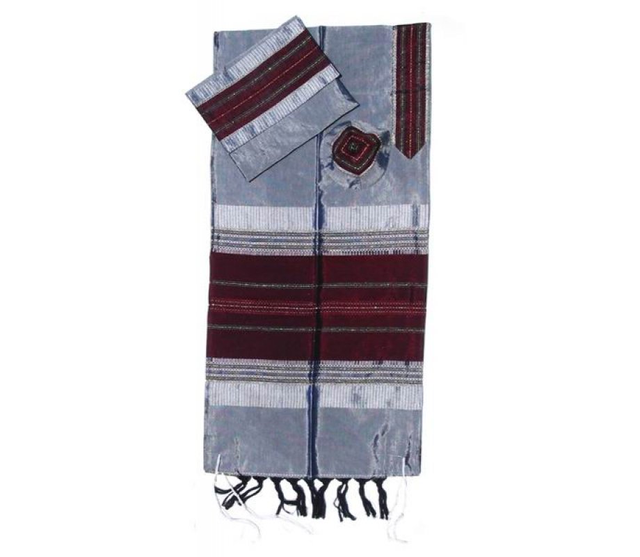 Handwoven Gray Silk Prayer Shawl Tallit Set with Maroon Stripes - Gabrieli