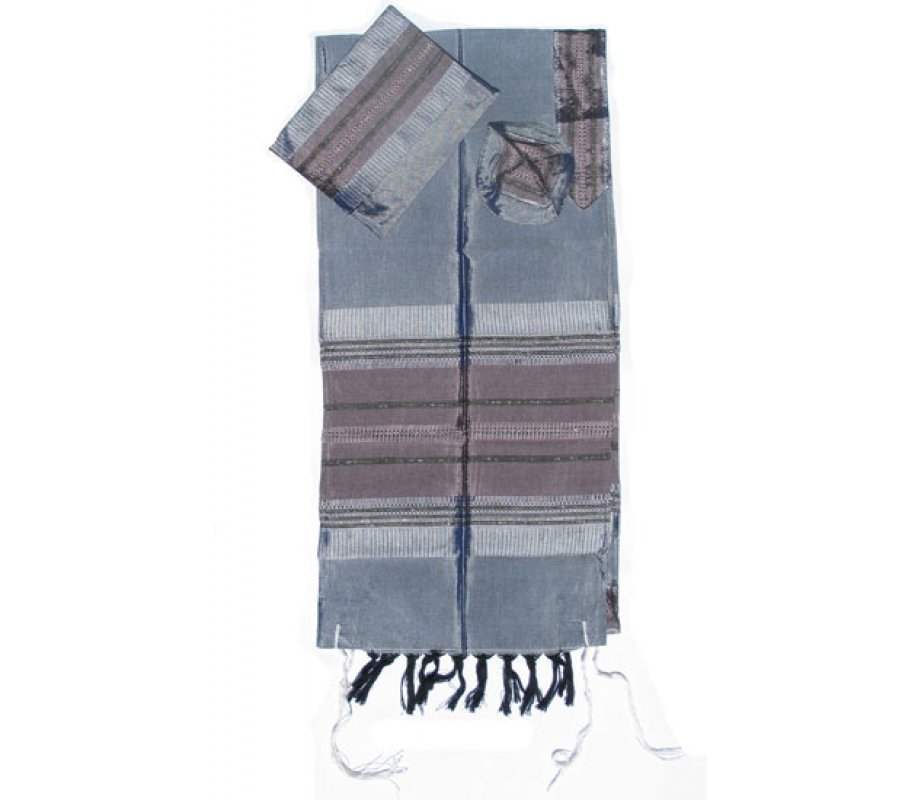 Handwoven Gray Silk Tallit Prayer Shawl Set with Antique Pink Stripes - Gabrieli