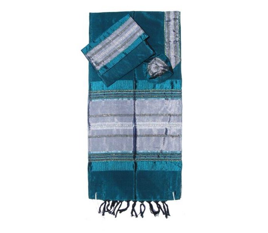 Handwoven Green Silk Tallit Prayer Shawl Set with Silver Stripes - Gabrieli