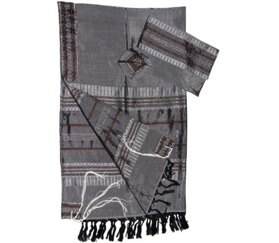 Handwoven Grey Silk Tallit Prayer Shawl Set with Silver Stripes - Gabrieli