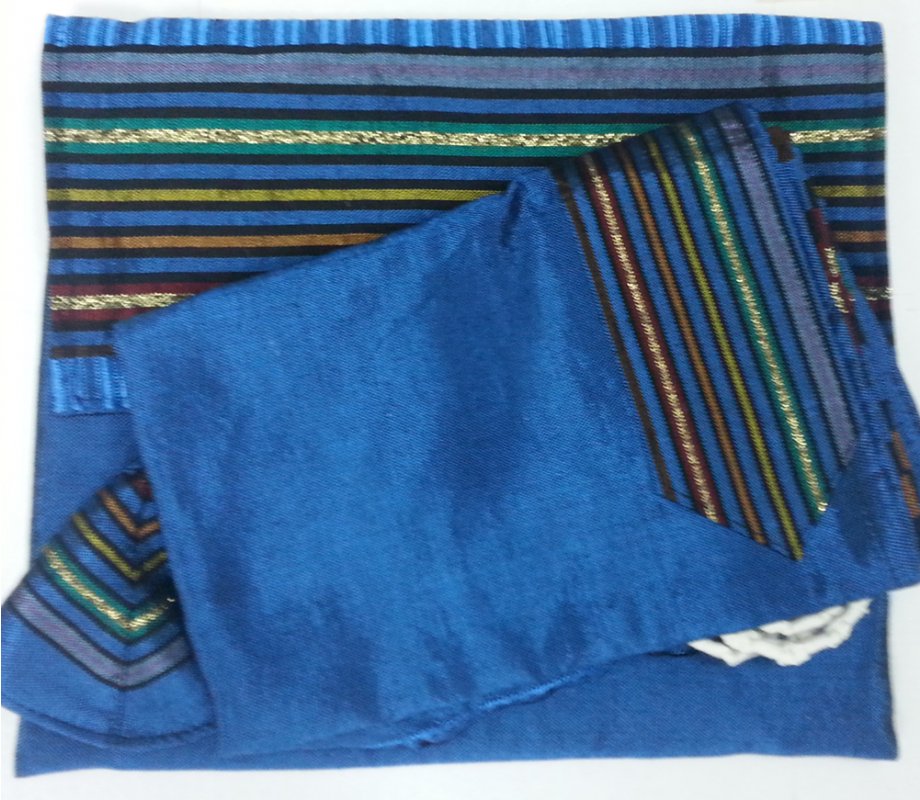 Handwoven Royal Blue Silk Tallit Set with Josephs Coat Stripes - Gabrieli