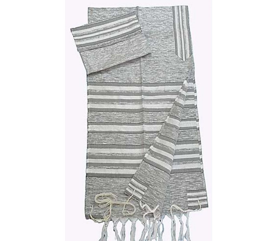 Handwoven Silk Tallit Set with Gray and Silver Stripes - Gabrieli