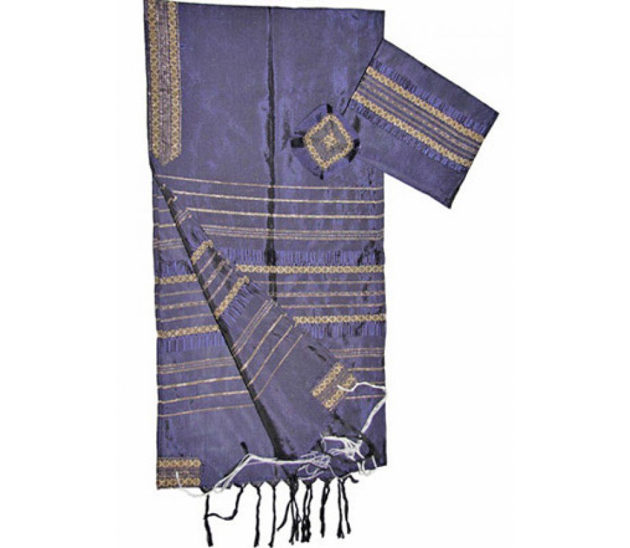 Handwoven Silk Violet Prayer Shawl Tallit Set with Gold Stripes - Gabrieli