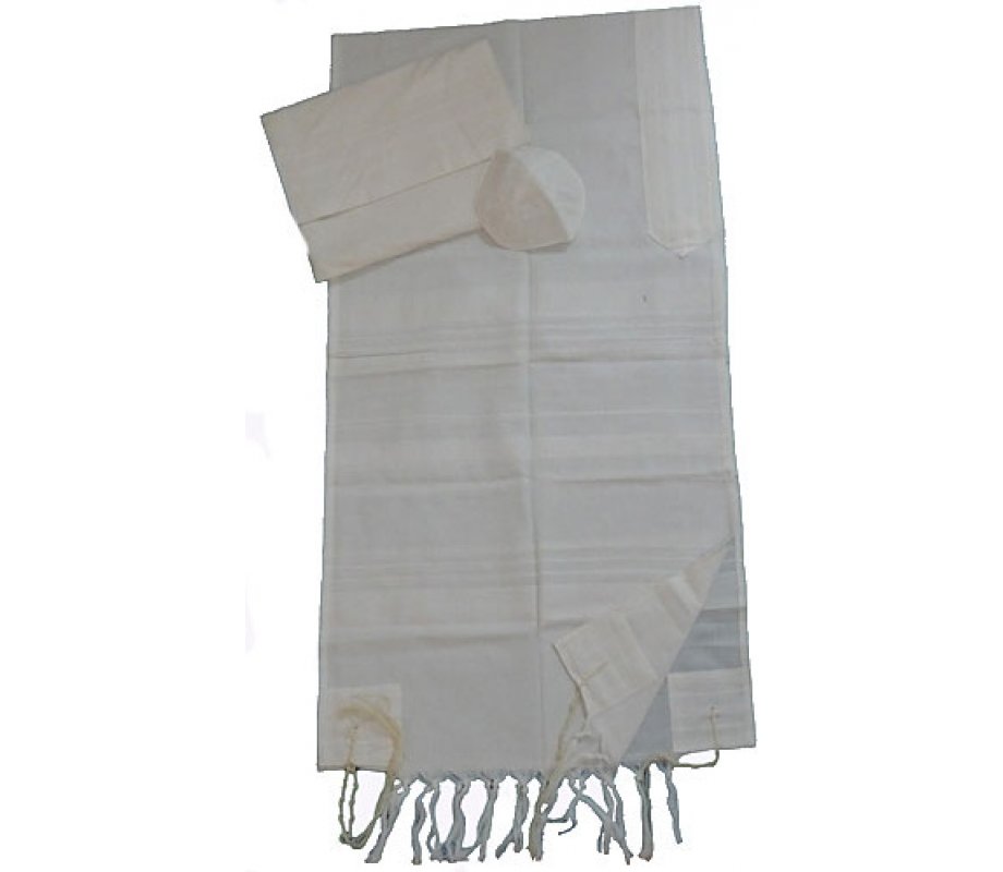 Handwoven White Cotton Prayer Shawl Set - Gabrieli