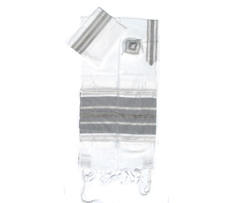 Handwoven White Silk Prayer Shawl Set with Black and Silver Stripes - Gabrieli