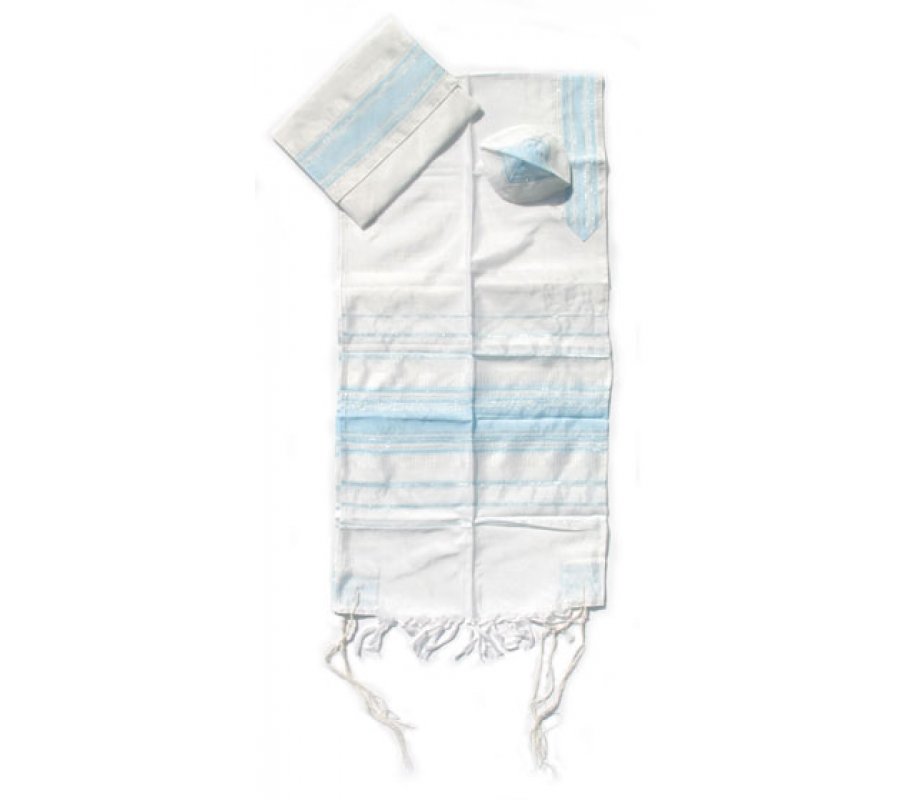 Handwoven White Silk Prayer Shawl Set with Light Blue Stripes - Gabrieli