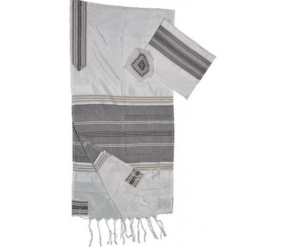 Handwoven White Silk Tallit Set with Black and Gold Stripes-Gabrieli