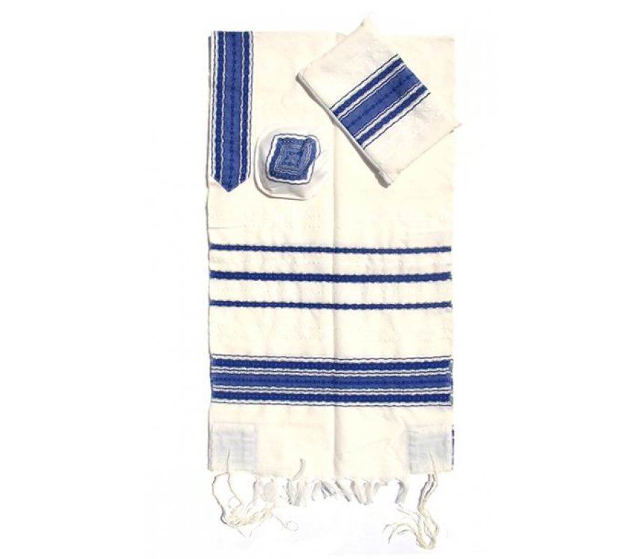 Handwoven White Wool Prayer Shawl Set with blue Stripes - Gabrieli
