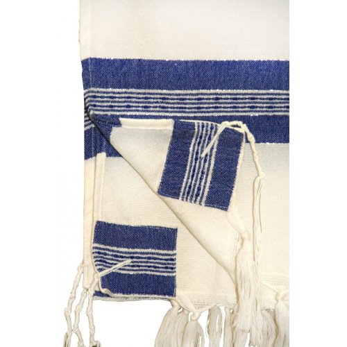 Handwoven White Wool Tallit Set with Blue and Silver Stripes - Gabrieli