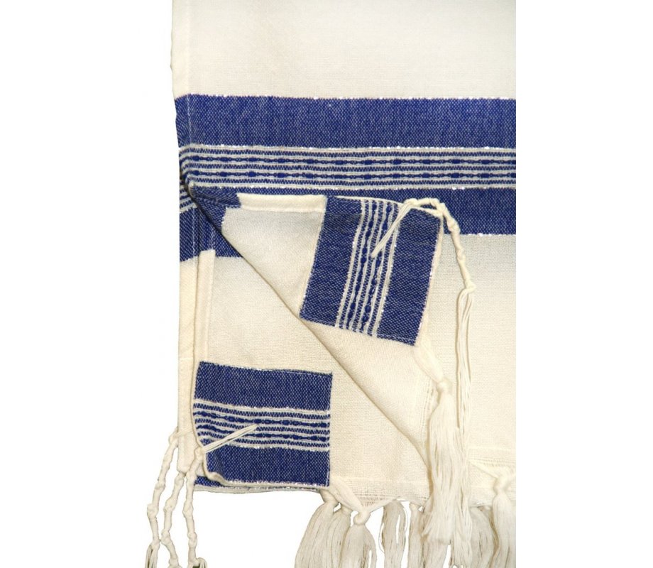 Handwoven White Wool Tallit Set with Blue and Silver Stripes - Gabrieli