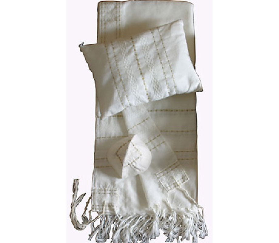 Handwoven White Wool Tallit Set with Gold Stripes - Gabrieli