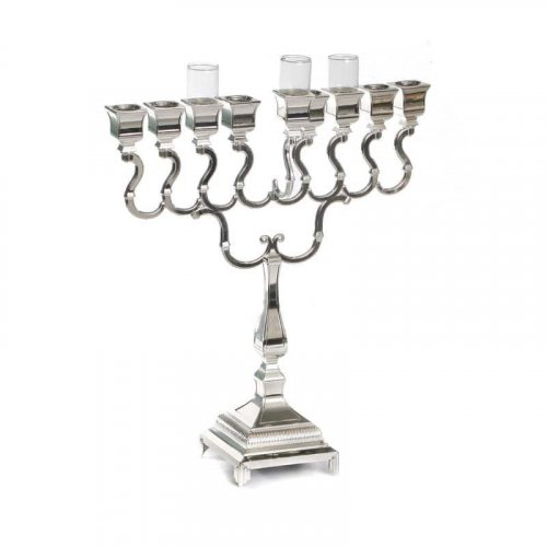 Hanukkah Menorah, Silver Plated Classic Square Design with Swirls - 14.9 height