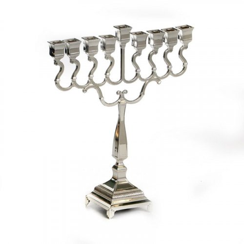 Hanukkah Menorah with Square Design and Swirls, Silver Plated - 22 cm Height