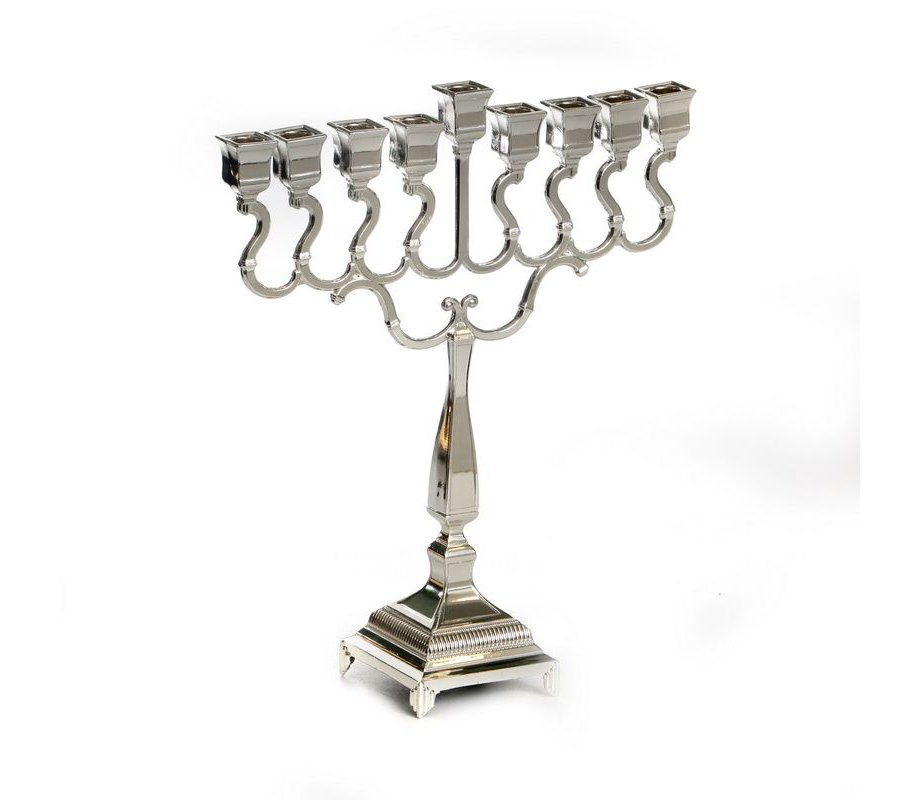 Hanukkah Menorah with Square Design and Swirls, Silver Plated - 22 cm Height