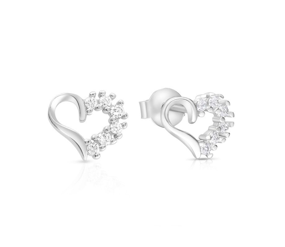 Heart Shaped Sterling Silver Stud Earrings, Zircons - Option: Silver or Gold Plate