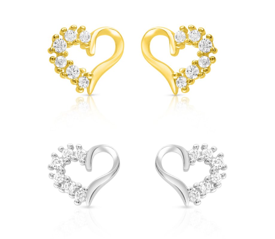 Heart Shaped Sterling Silver Stud Earrings, Zircons - Option: Silver or Gold Plate