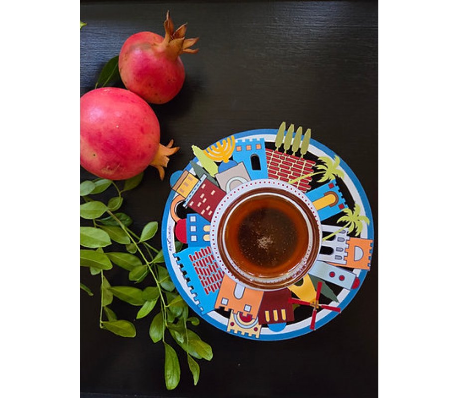 Honey Dish with Glass Bowl, Jerusalem in Lively Colors - Dorit Judaica