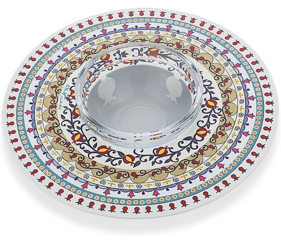 Honey Dish with Glass Bowl, Mandala Pomegranate Design - Dorit Judaica