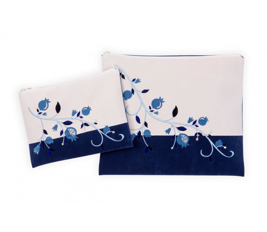 Impala Tallit Bag Set Off-White and Blue, Blue Pomegranates - Ronit Gur