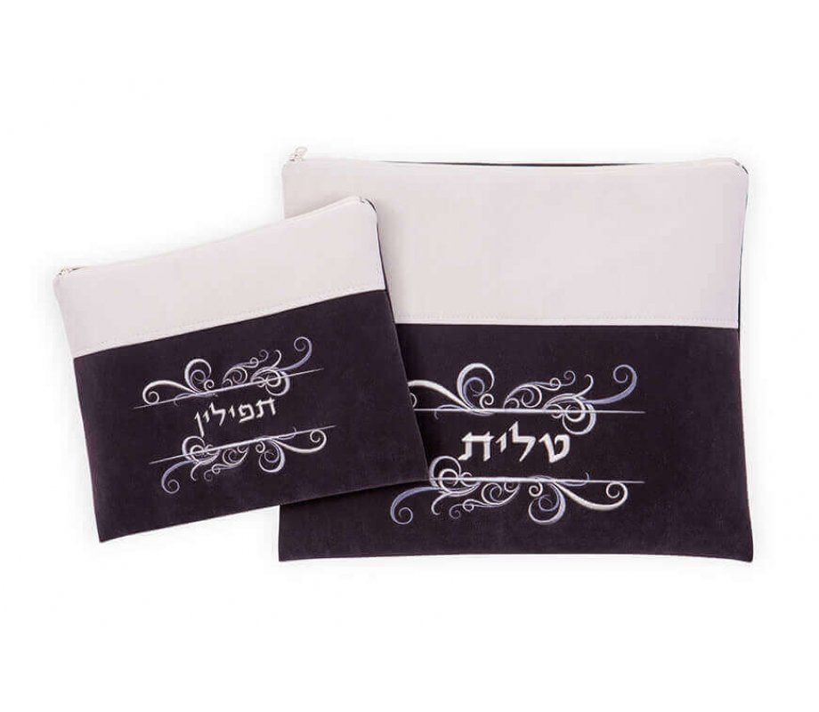 Impala Tallit Bag Set, Off-White and Gray with Decorative Swirls - Ronit Gur