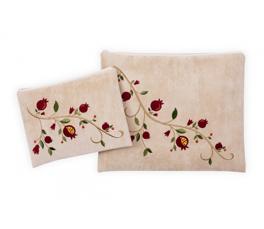 Impala Tallit and Tefillin Bag Set, Embroidered Red Pomegranate Branch - Ronit Gur
