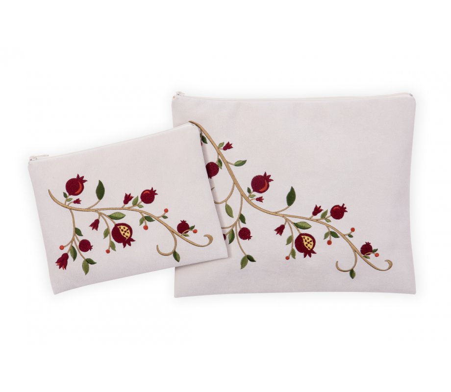 Impala Tallit and Tefillin Bag Set Off-White, Embroidered Pomegranates - Ronit Gur