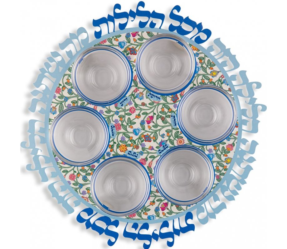 Indian Flowers Seder Plate with Glass Bowls - Dorit Judaica