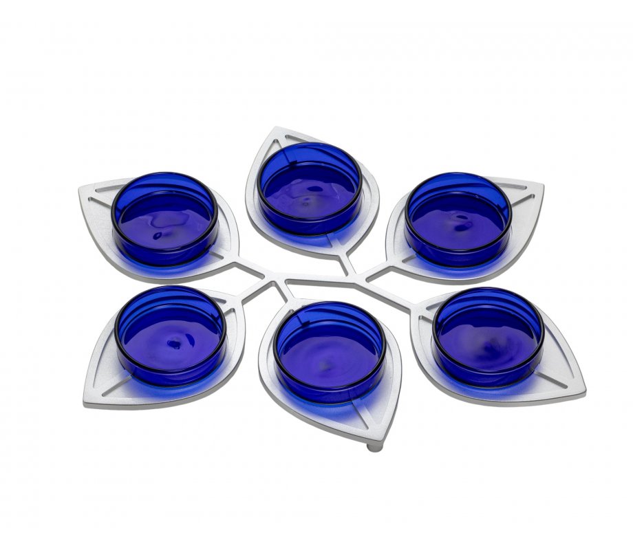 Israel Museum Anodized Aluminum Passover Seder Plate with Leaf Design and Blue Glass Dishes