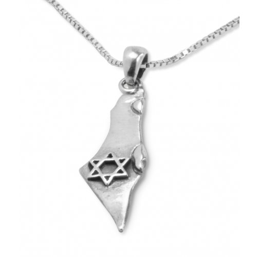 Israel Pendant Necklace, 925 Sterling Silver - Map of Israel with Star of David