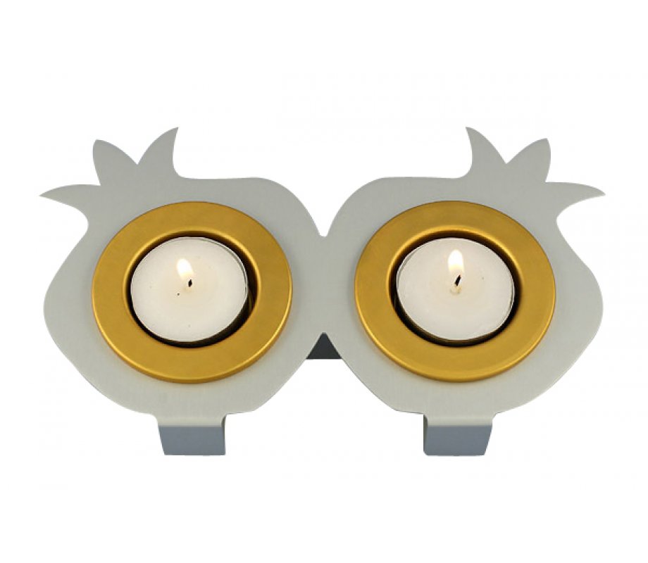 Joined Pair Pomegranate Candle Holders - Silver and Gold by Shraga Landesman