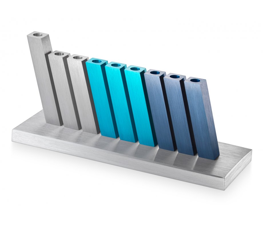 Kinetic Hanukkah Menorah Aluminum, Turquoise, Blue and Silver Rods - Adi Sidler