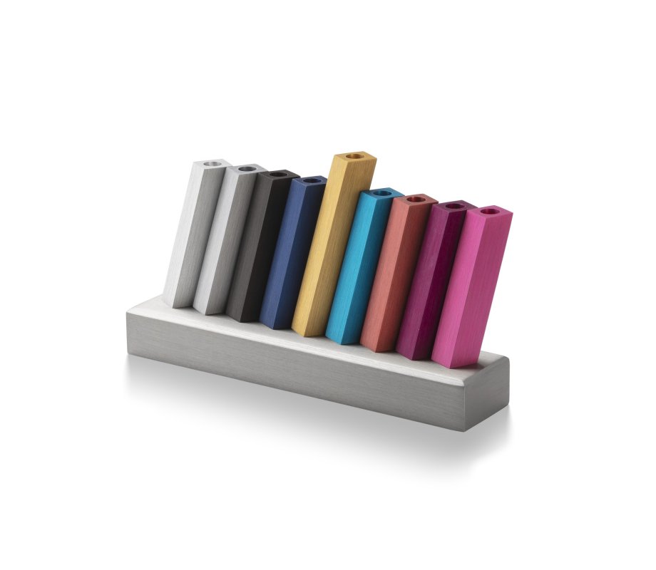 Kinetic Hanukkah Menorah Anodized Aluminum, Multicolored Rods - Adi Sidler