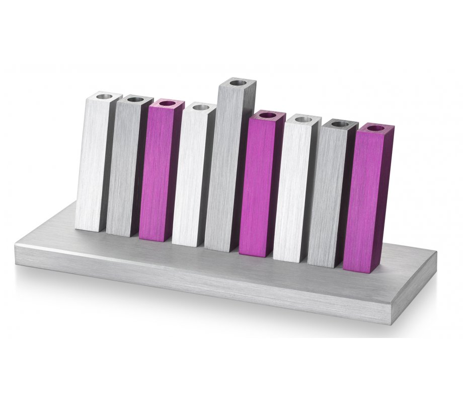 Kinetic Hanukkah Menorah Anodized Aluminum, Purple, Gray and Silver Rods - Adi Sidler