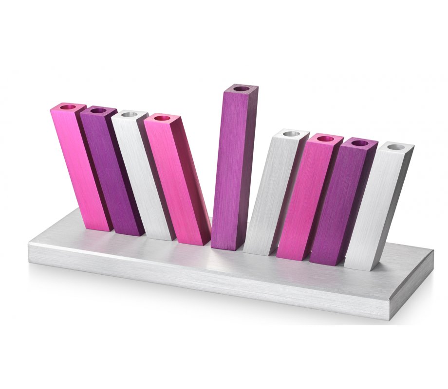 Kinetic Hanukkah Menorah Anodized Aluminum, Purple, Pink and Silver Rods - Adi Sidler