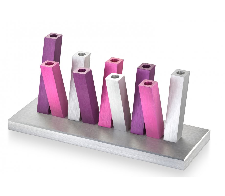 Kinetic Hanukkah Menorah Anodized Aluminum, Purple, Pink and Silver Rods - Adi Sidler