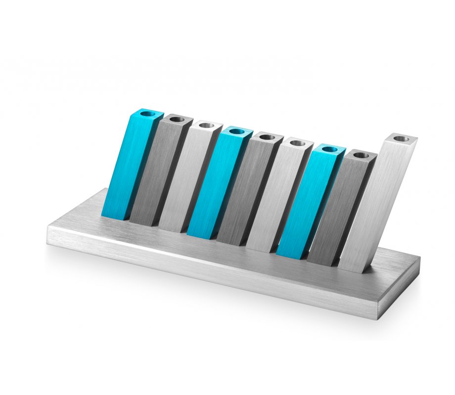 Kinetic Hanukkah Menorah Anodized Aluminum, Turquoise, Gray & Silver Rods - Adi Sidler