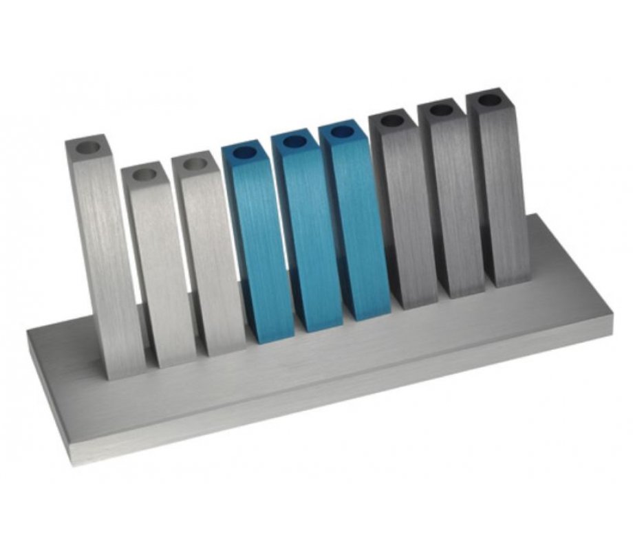 Kinetic Hanukkah Menorah Anodized Aluminum, Turquoise, Gray & Silver Rods - Adi Sidler
