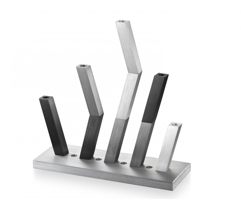Kinetic Hanukkah Menorah Anodized Aluminum, Turquoise, Gray & Silver Rods - Adi Sidler