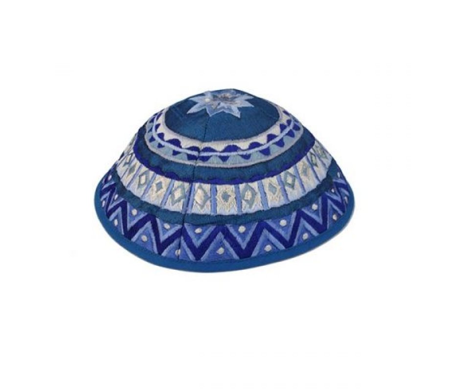 Kippah with Embroidered Geometric Designs, Blue – Yair Emanuel