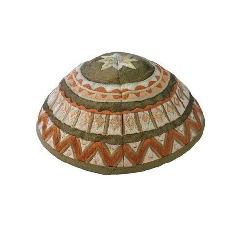 Kippah with Embroidered Geometric Designs, Brown and Green  Yair Emanuel