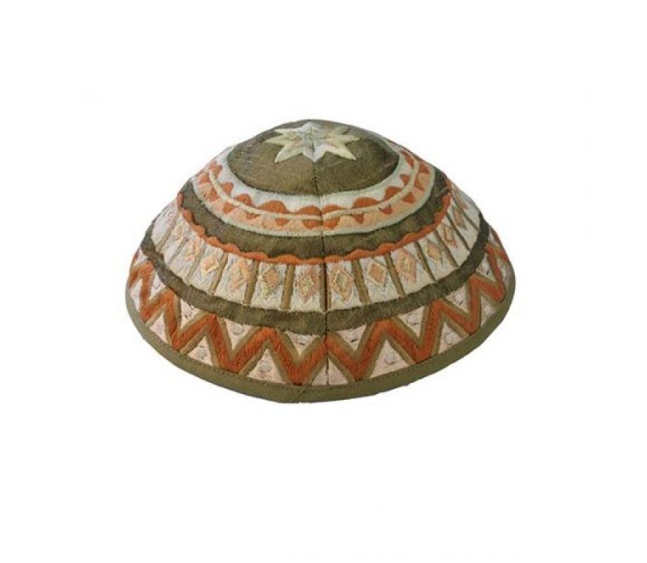 Kippah with Embroidered Geometric Designs, Brown and Green – Yair Emanuel