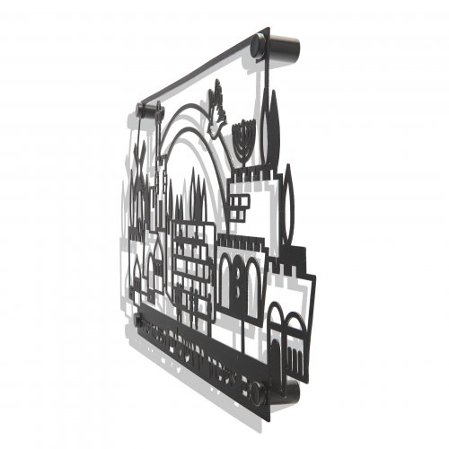 Large Cutout Jerusalem Wall Plaque with Hebrew Psalm Words, Black - Dorit Judaica