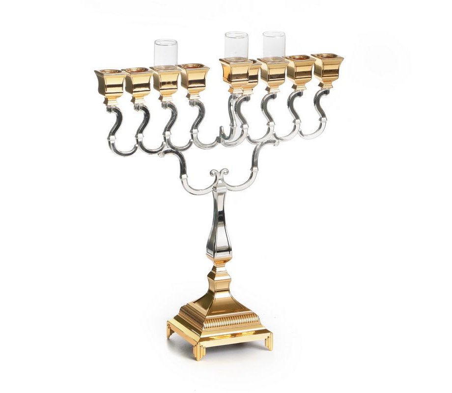 Large Gold and Silver Hanukkah Menorah, Classic Design with Swirls - 14.9