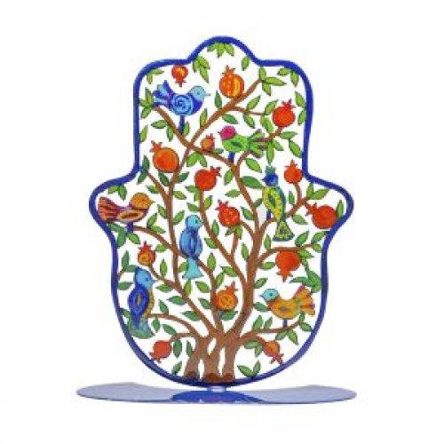 Large Hand Painted Hamsa on Base, Pomegranates in Pastoral Images - Yair Emanuel