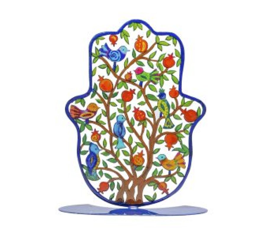 Large Hand Painted Hamsa on Base, Pomegranates in Pastoral Images - Yair Emanuel