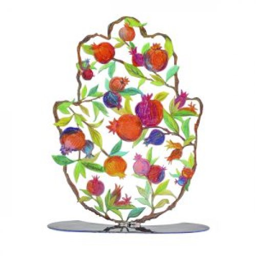 Large Hand Painted Hamsa on a Base, Colorful Pomegranates - Yair Emanuel