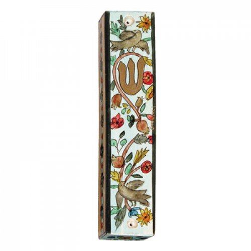 Large Hand Painted Wood Mezuzah Case, Birds on Blue - Yair Emanuel