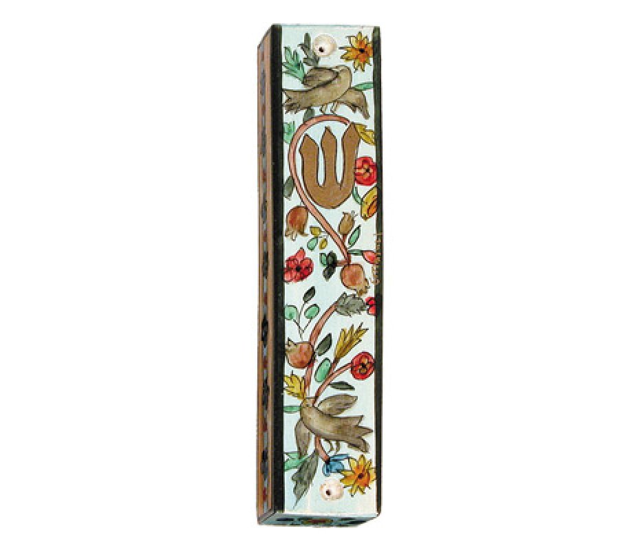 Large Hand Painted Wood Mezuzah Case, Birds on Blue - Yair Emanuel